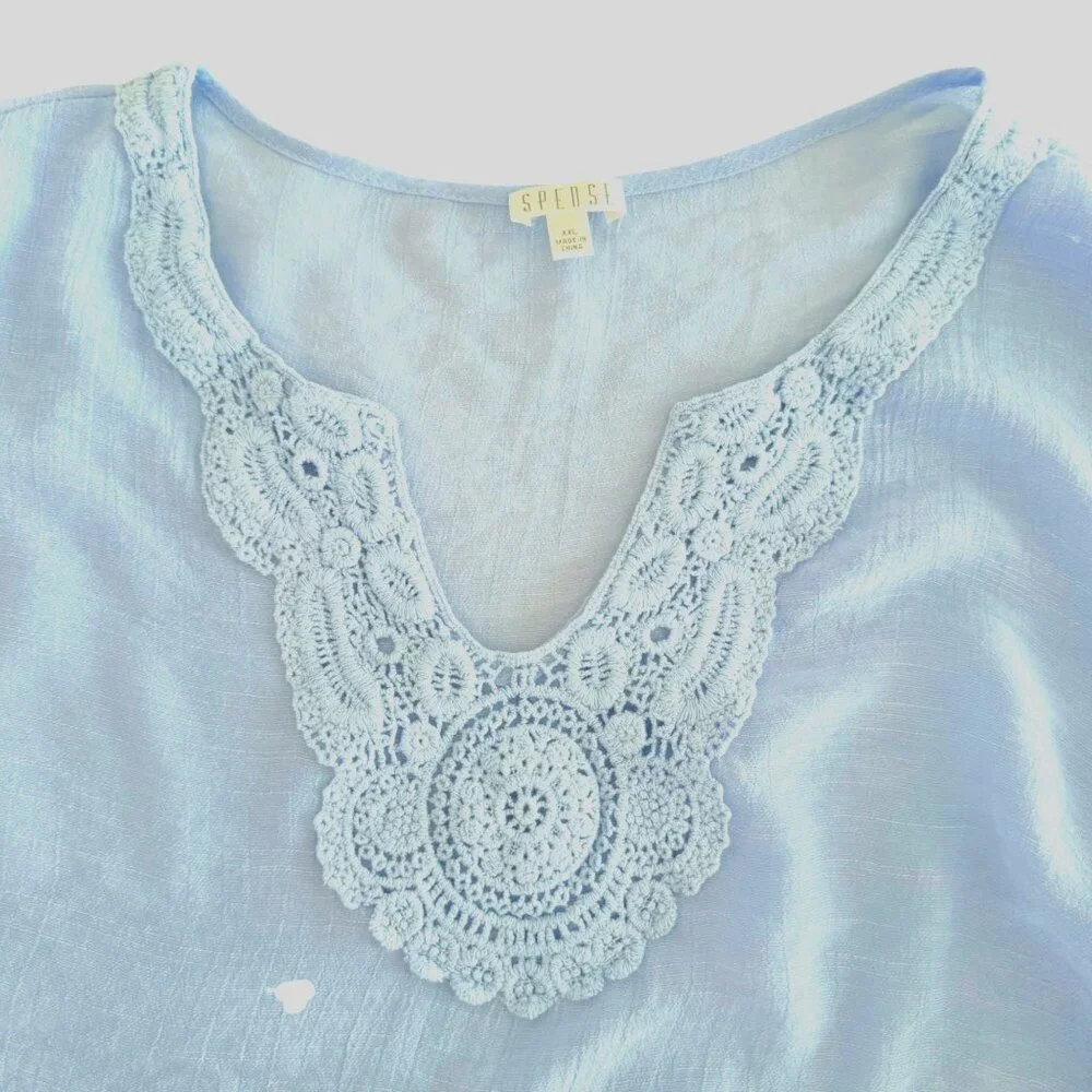 Spense Top Size XXL Light Blue Crochet Neckline Boho Tunic Blouse - Picture 3 of 10